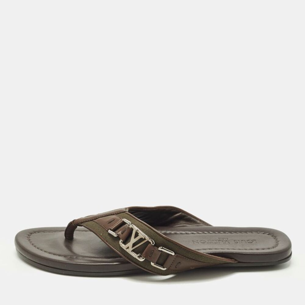 Louis Vuitton Hamptons Size 43.5 Dark Brown/olive Leather And Canvas Thong